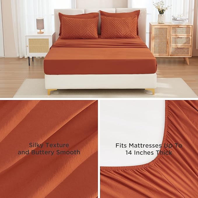 Andency Oversized King Size Comforter Set Burnt Orange - 7 Pieces Bed in a Bag Oversized King Boho Terracotta Bedding Comforter Sets, Rust Tufted Bed Set with Comforter, Sheets, Pillowcases & Shams