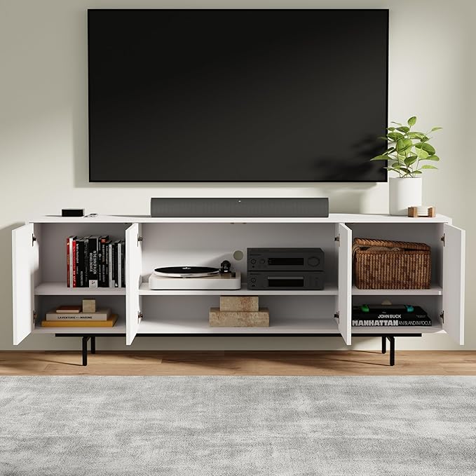 Norrhaus 75" x 26" 4-Door TV Stand in White - Modern TV Console Made from Quality Engineered Hardwood with Water Resistant Melamine Veneer - No Tools Frame Assembly