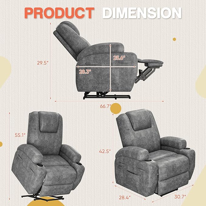 Electric Power Lift Recliner Chair with Massage for Elderly Corduroy Fabric Recliner Single Sofa with Cup Holders, Side Pockets and Remote Control for Living Room Bedroom (Leathaire, Light Gray)