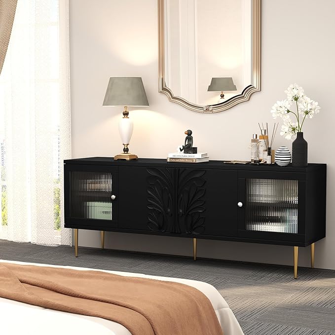 TV Stand for TVs up to 75", Mid Century Modern TV Console with 3D Flower Pattern, Wood Entertainment Center with 2 Fluted Glass Doors, Media Console Table with Storage for Living Room, Black