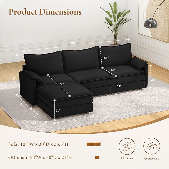 Vesgantti 108" Modular Sectional Sofa, Comfy Cloud Couch with Movable Ottoman Deep Seat Chenille L Shaped Modular Sofa, Sectional Couches for Living Room, Bedroom and Apartment, Black