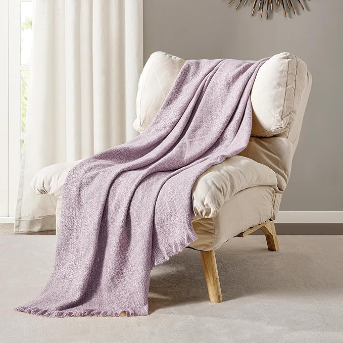 BOURINA Faux Cashmere Fringe Throw Blanket Decorative Lightweight Throw Soft Cozy for Bed or Sofa Outdoor Blanket, 50x70 Inches Purple