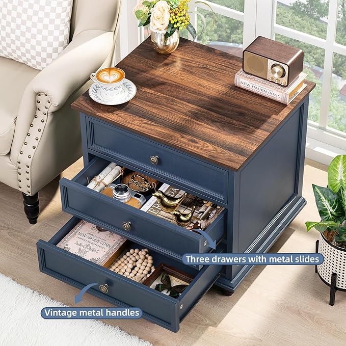 24" Wide Farmhouse Night Stand,Large End Table with 3 Drawers & Metal Handle,Navy Blue Dresser for Bedroom, Wood Bed Side Table Chest of Drawers, Nightstand Cabinet for Living Room,Closet