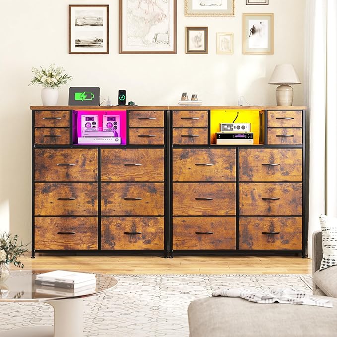 Dresser for Bedroom with Charging Station and LED and 10 Fabric Drawers, Sturdy Tall Chest of Drawers with 2 Open Storage Shelves Storage Tower for Closet, Hallway (Rustic Brown)