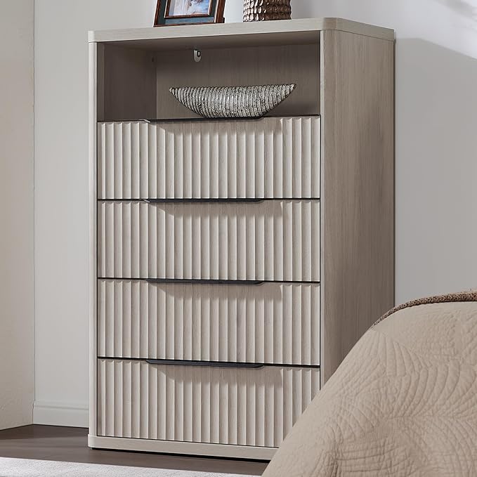 SICOTAS Dresser for Bedroom - Tall Dressers & Chests of Drawers with 4 Drawers Large Modern Dresser for Closet Fluted Wide TV Stand Clothes Closet Storage for Bedroom Hallway Entryway, White Alder