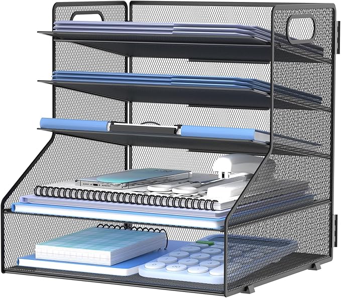 SUPEASY 5-Tier Desk File Organizer, Metal Letter Paper Tray, Desk Organizers and Accessories for Home Office Supplies, Black