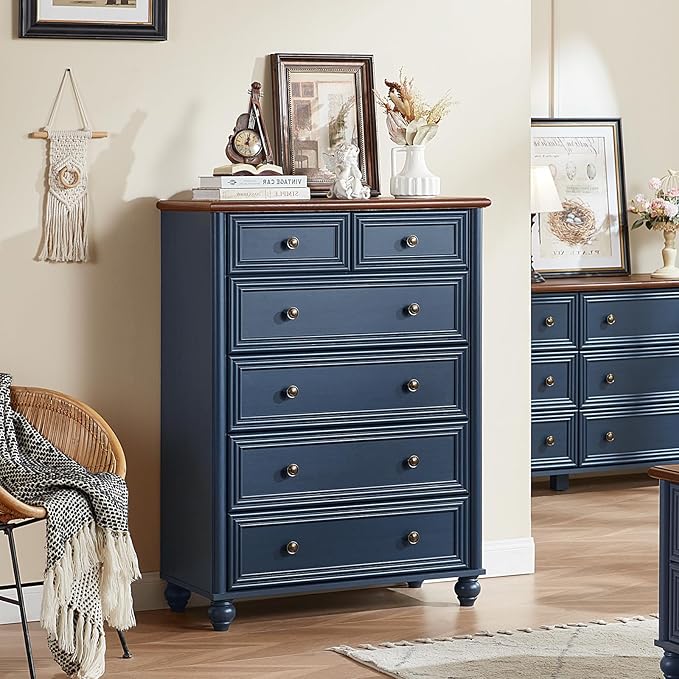 Farmhouse 6 Drawer Dresser Set of 2, Chest of Drawers for Bedroom, 43.5" Tall Blue Dresser with Roman Column, Rustic Wood Storage Dressers Organizer for Living Room, Hallway, Closet