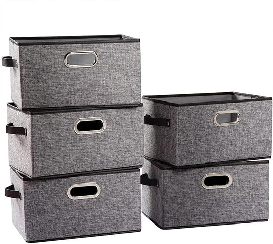 PRANDOM Fodable Storage Baskets for Closet [5-Pack] Decorative Fabric Storage Bins Cubes with Leather/Metal Handles for Shelves Bedroom Living Room Grey (11.5x8.5x6.7 Inch)
