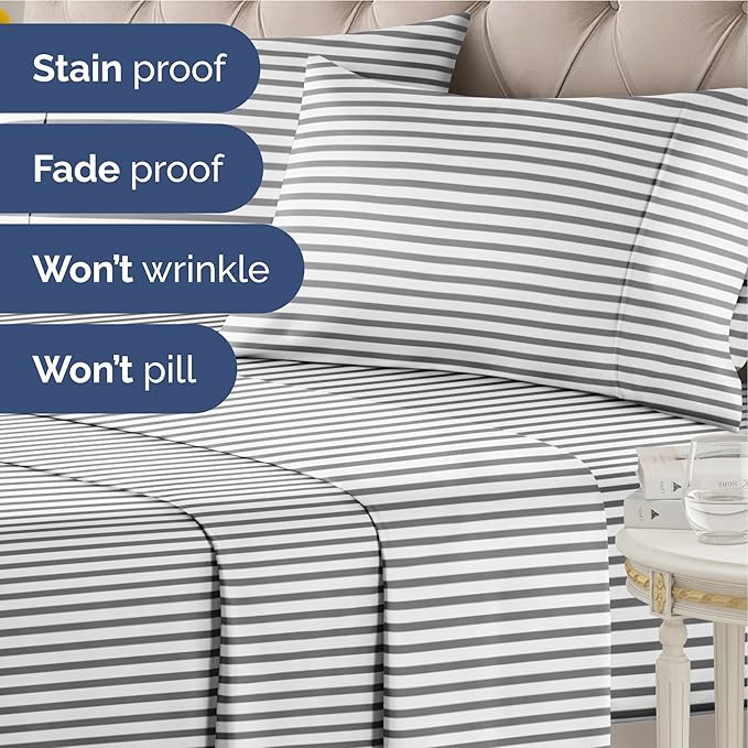 Striped Sheets - Grey Striped Sheets - 1 Flat & 1 Fitted & 2 Pillowcases w/ Deep Pockets – Comfy, Wrinkle & Fade Free - Ultra-Soft, Breathable & Cooling – Luxury Pinstripe Bedding - Queen Size Bed Set
