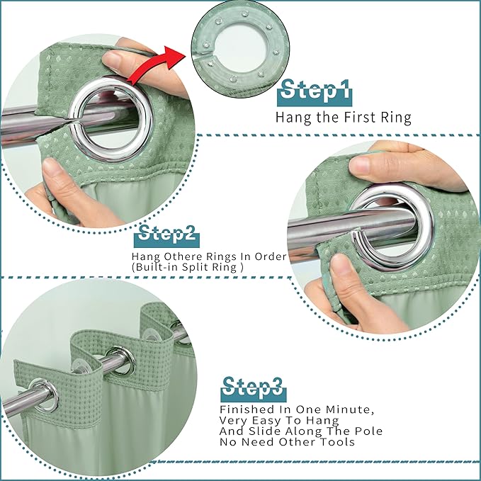 Extra Long No Hook Sage Green Waffle Weave Shower Curtain with Snap in Liner Set, Hotel Luxury Shower Curtains for Bathroom with See Through Top Window, Waterproof, Washable 71W x 84H