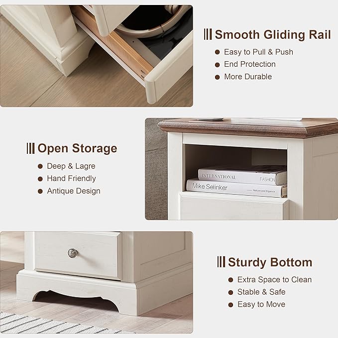 T4TREAM Nightstand with Charging Station, 18 Inch Vintage End Table with 2 Drawers, Wood Rustic Sofa Side Table with Open Storage Shelf for Bedroom, Living Room, Antique White