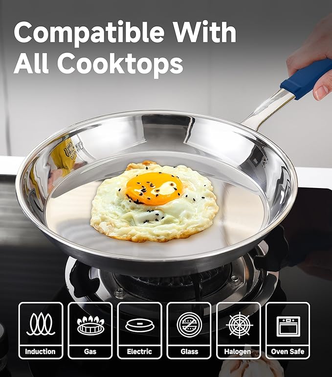 LOLIKITCH 10 In Stainless Steel Skillet - Professional Induction Fry Pan, Oven Safe 600°F, Tri-Ply Stainless Steel Clad, Dishwasher Safe, Detachable Handle, PFOA Free, Commercial Restaurant Grade