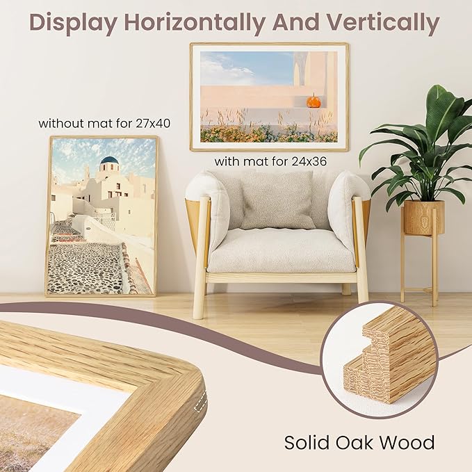 27x40 inch Poster Frame - Solid Oak Wood 27 x 40 Frame, Movie Poster Frame 27x40 With Mat For 24x36, Tempered Glass and Hanging Hardware Included, 27''x40'' Picture Frame Wood, Natural Oak