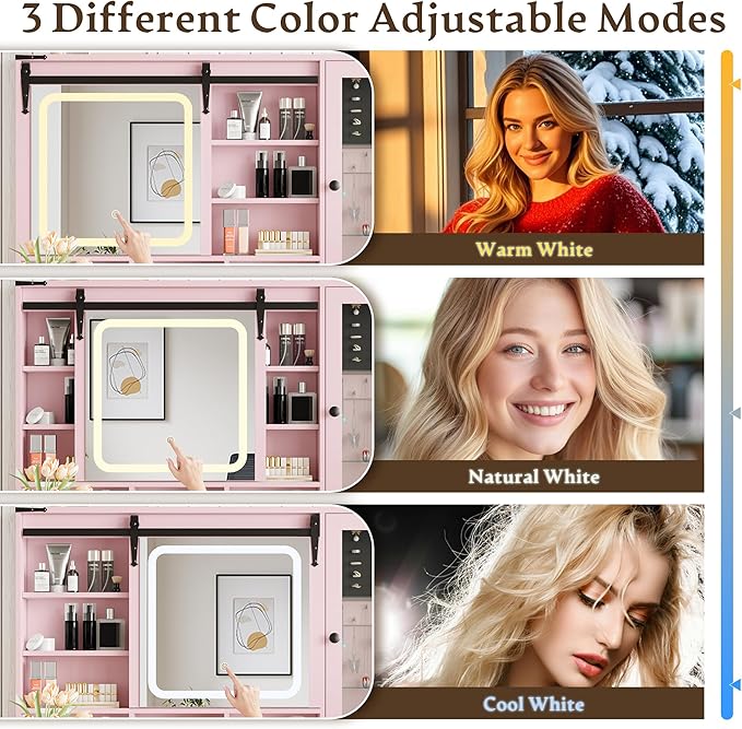 Pink Vanity Desk with Mirror and Lights, Farmhouse Makeup Vanity Desk with Lighted Mirror & Power Outlet, RGB Glass Cabinet, Makeup Dressing Table with 3 Lighting Modes for Bedroom