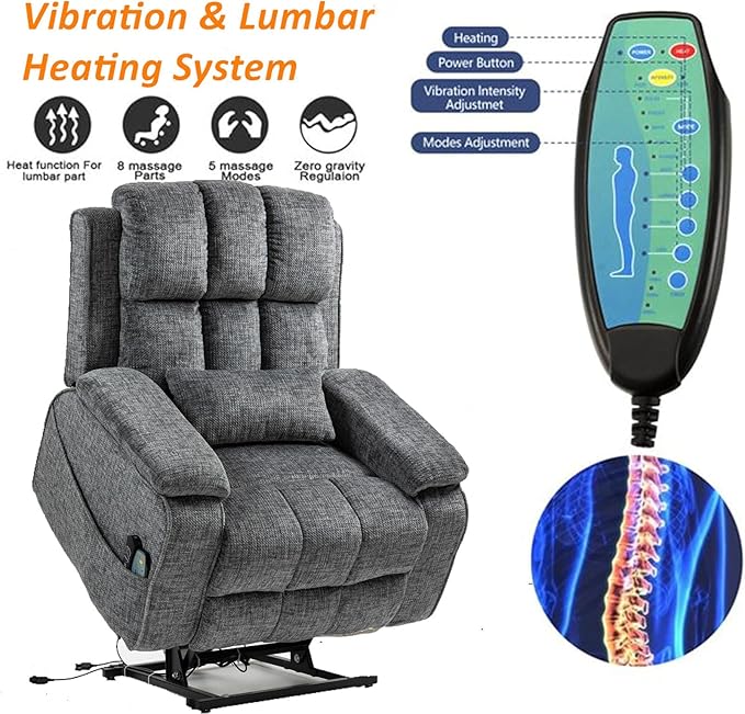 Power Recliner Chair with Heat and Massage, Dual Motor Lumbar Lift Recliner Chairs for Elderly, 180° Lay Flat Recliner with Side Storage Cup Holder and USB Type C Charging for Adults