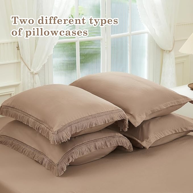 Andency Taupe King Size Comforter Set with Sheets - 7 Pieces Boho Tassel Bed in a Bag Soft Lightweight Bedding Sets, Taupe Fringe Bed Set with Comforter, Sheets, Pillowcases & Shams