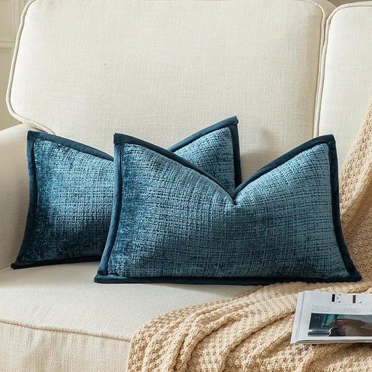 Yaertun Pack of 2 Chenille Textured Decorative Throw Pillow Covers Accent Solid Cushion Cover Soft Cozy Pillow Case with Velvet Back for Couch Sofa Bed Living Room 16x24 Inch Blue