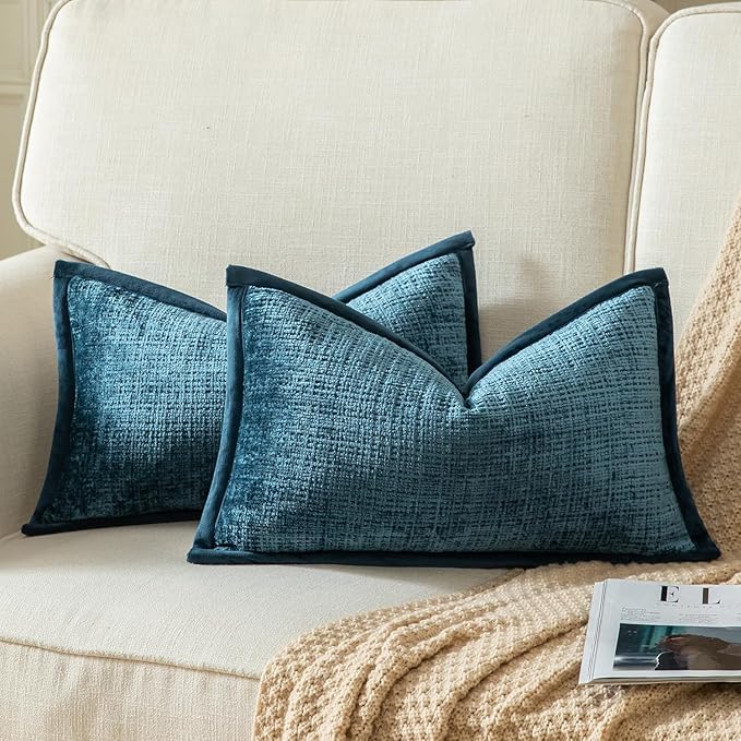 Yaertun Pack of 2 Chenille Textured Decorative Throw Pillow Covers Accent Solid Cushion Cover Soft Cozy Pillow Case with Velvet Back for Couch Sofa Bed Living Room 12x20 Inch Blue