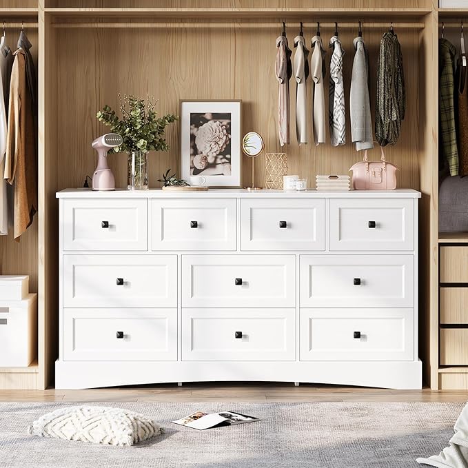 Hasuit White Dresser for Bedroom with 10 Drawers, 55.2" Long Drawer Dresser with Charging Station, Farmhouse Dresser Chest of Drawers, Large Wooden Storage Tower Organizer, Dresser for Bedroom Closet