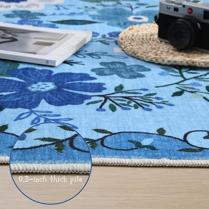 Runner Rug for Hallways Kitchen Rug Non Slip 2'x 6' Washable Runner Rugs with Rubber Backing Soft Floral Carpet Runner for Hallways, Kitchen, Laundry, Bedroom, Bathroom(Blue)
