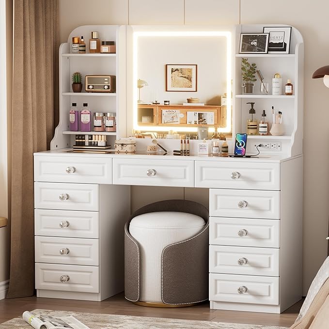 PAKASEPT 47.3'' Makeup Vanity with 11 Drawers, Tempered Glass Top Vanity Table with Mirror and LED Lights, 7 Storage Shelves, Built-in Charging Station, Dressing Table for Bedroom (No Stool)