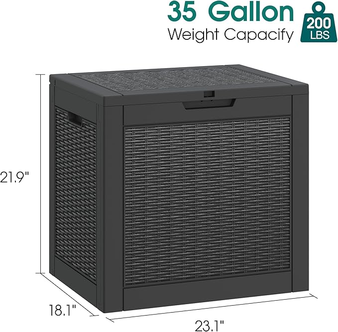35 Gallon Outdoor Storage Box, Waterproof Resin Deck Box with Lockable Lid, Patio Furniture Side Table & Storage Bin for Package Delivery, Patio Cushions, Garden Tools, Pool Accessories, Black