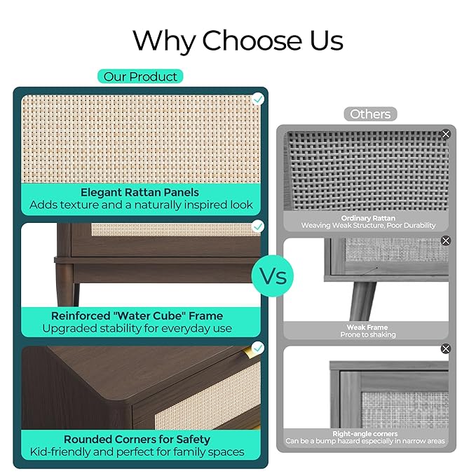 LINSY HOME Rattan Dresser for Bedroom with 9 Drawers, 58" Wide Chest of Drawers, Mid Century Modern Dresser TV Stand with Metal Handle, Wood Closet Storage Cabinet for Living Room, Hallway, Walnut