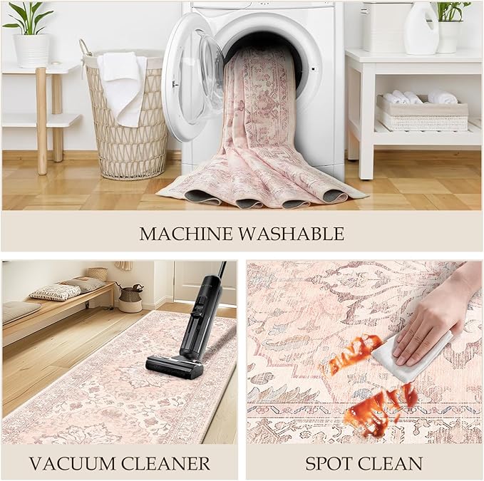 Area Rugs 2'x10' Washable Non-Slip, Floral Vintage Distress Print Pattern Medallion Carpet for Living Room Bedroom Dining Room, Pink Greypink Cute