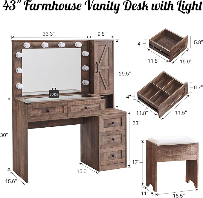 Farmhouse Vanity Desk with Mirror and Lights, 43" Wide Makeup Vanity with Glass Tabletop and Charging Station, Modern Vanity Table Set with Storage and Stool for Bedroom, Light Brown