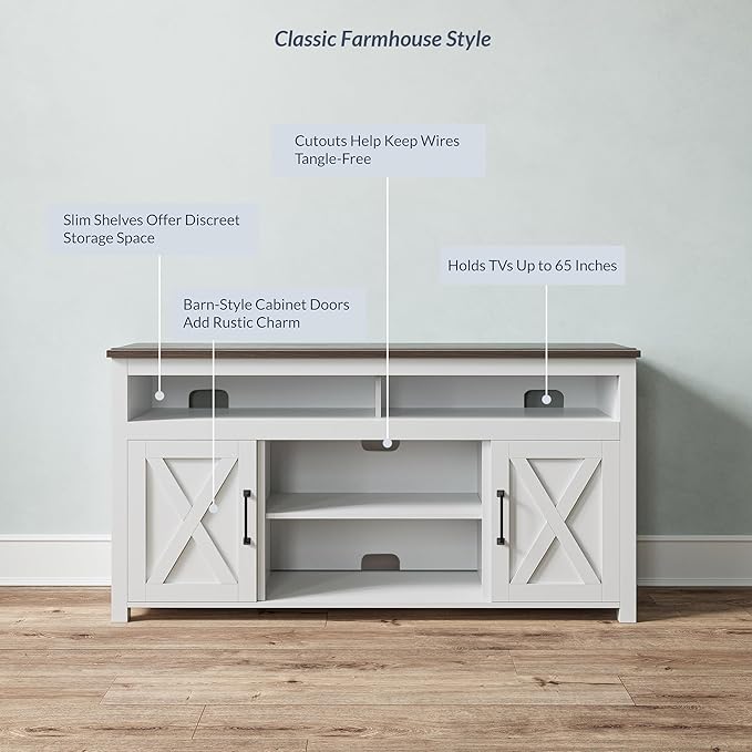 BELLEZE 58 Inch TV Stand, Contemporary Entertainment Center for TVs up to 65", Wood Media Console Table with Two Open Shelves and Barn Door Cabinets - Corin (White)