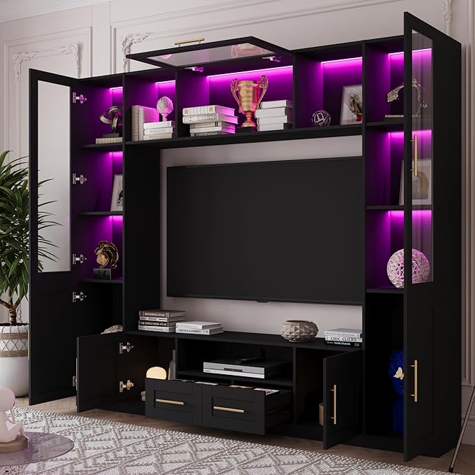 94" Wall Unit Entertainment Center for TVs up to 70", Modern TV Console with LED Lights, Multifunctional TV Stand with Tempered Glass Door, Drawers & Shelves for Living Room, Black