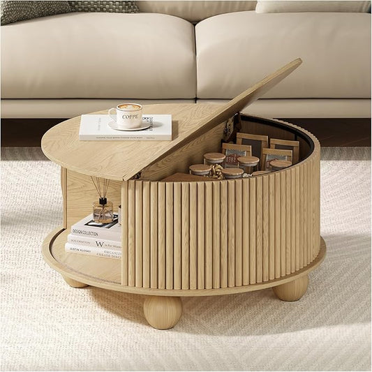 Round Coffee Table with Storage, 31.5" Mid-Century Modern Center Table with Sliding Door, Fluted Lift Up Coffee Table with Bun Feet, Wood Coffee Tables for Living Room, Home Small Space, Oak