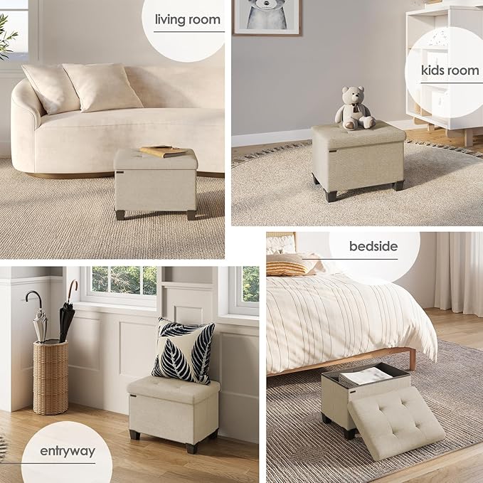 STORAGEBUD Storage Ottoman Cube with Small Bin, 16-in Square Ottoman with Storage for Living Room and Bedroom, Small Ottomans Foot Rest, Fabric Foot Stools Ottomans Max 330lbs, Beige