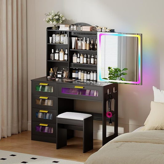 Vanity Desk with Sliding Vanity Mirror and RGB Lights,Makeup Vanity Desk with Charging Station,LED Vanity Table with Hidden Storage,Dressing Table Set with Stool&5 Drawers for Bedroom,Black