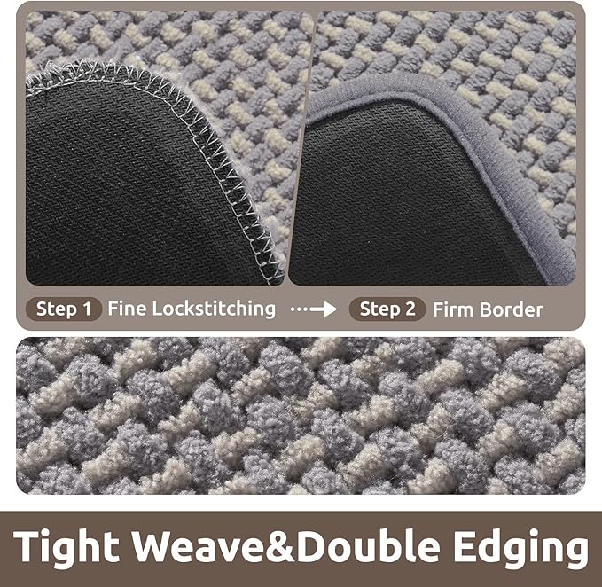 AMOAMI Chenille Bath Mat Super Absorbent Bathroom Mat Quick Dry Low Pile Bath Mats for Bathroom Washable Rubber Backed Bathroom Runners Fit Under Door, Front of Bathtub, Sink, LIGHTGREY&Beige 17"x59"