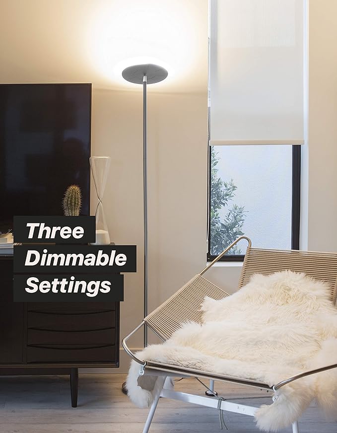 Brightech Sky LED Floor lamp, Torchiere Super Bright Floor Lamp for Living Rooms & Offices - Dimmable, Tall Standing Lamp for Bedroom Reading - Brushed Nickel