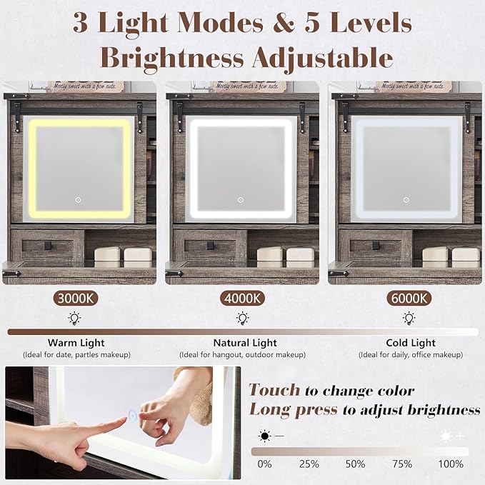 42'' Farmhouse Makeup Vanity Desk with Sliding Mirror and Lights, Glass Tabletop Vanity Table with Barn Door, 4 Drawers & Hidden Shelves, Rustic Big Vanity Women Dressing Table, Light Oak