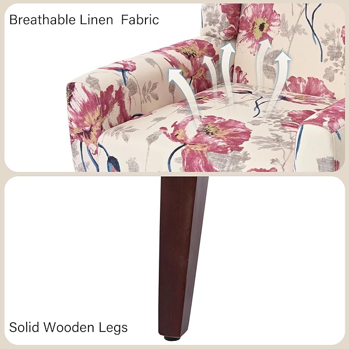 Accent Chairs, Modern Linen Blend Arm Chair for Living Room, Bedroom, Comfy High-Resilient Sponge Reading Chair for Small Spaces (Pattern Pink Floral, Set of 2)