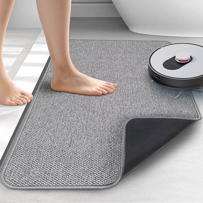 Upgraded Thin Bathroom Rugs, Bath Mat Super Absorbent, Bath Rugs Rubber Backing Non-Slip, Quick Dry Machine Washable, Cozy Cloth Bathroom Mat fit Under Door/Sink/ Bathtub/Floor/Shower 24''x48''-Gray