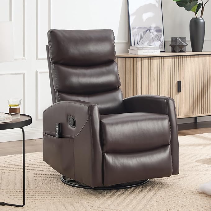 PELUMY Massage Recliner Chair with Heat - Manual Rocker Swivel Recliner, 360° Rotation & 155° Recline for Living Room（Breathable Leather, Brown）