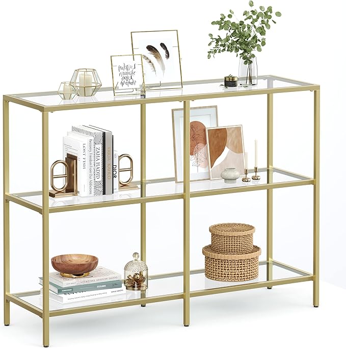 VASAGLE 39.4 Inch Console Table with 3 Shelves, Sofa Tables, Modern Entryway Table, Metal Frame, Tempered Glass Shelf, Entryway Living Room Bedroom, Metallic Gold and Transparent ULGT27G