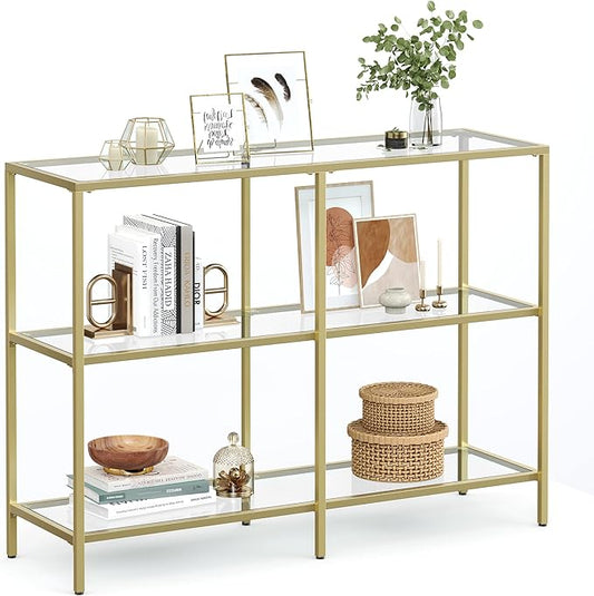 VASAGLE 39.4 Inch Console Table with 3 Shelves, Sofa Tables, Modern Entryway Table, Metal Frame, Tempered Glass Shelf, Entryway Living Room Bedroom, Metallic Gold and Transparent ULGT27G