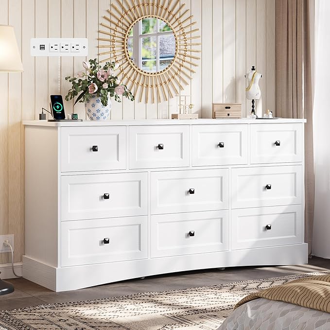 Hasuit White Dresser for Bedroom with 10 Drawers, 55.2" Long Drawer Dresser with Charging Station, Farmhouse Dresser Chest of Drawers, Large Wooden Storage Tower Organizer, Dresser for Bedroom Closet