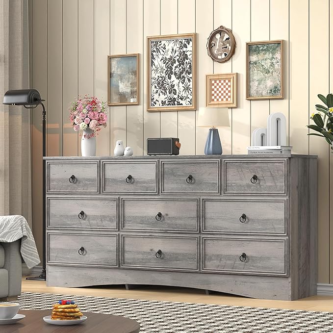 63”W Dressers for Bedroom, Grey Dresser with 10 Deep Drawer, Long Dressers & Chests of Drawers for Clothes, Easy Pulls Handle, Textured Borders, for Living Room, Hallway,Taupe Grey