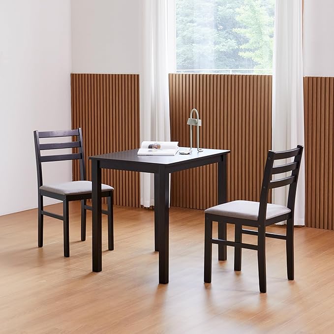 Livinia Seattle 3-Piece Wooden Dining Table Set for 2, Modern Farmhouse Kitchen Dining Room Set with Solid Wood Ladder Back Chairs for Small Space (Black)