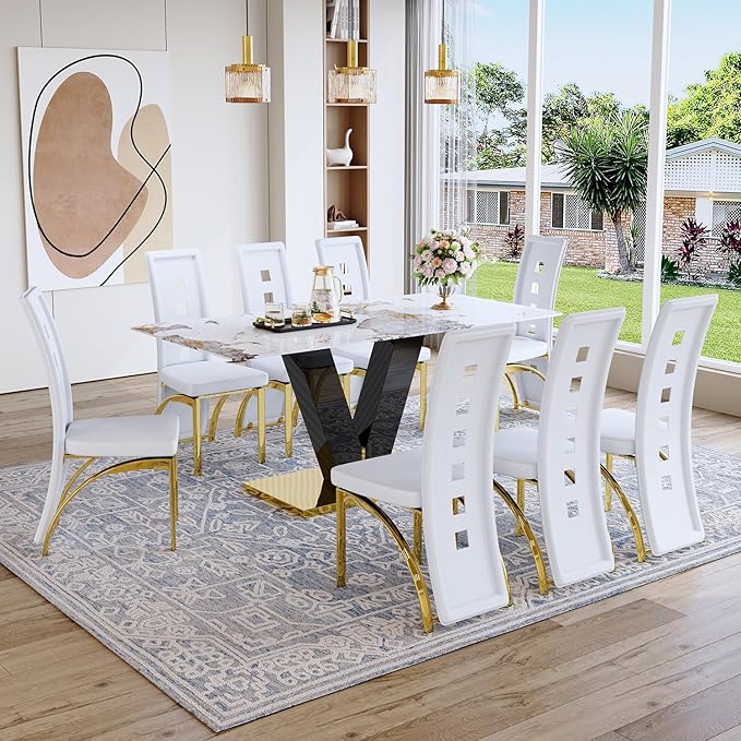 71'' Dining Table Set for 8,Rectangular Dining Room Table Set for 8,Marble Dining Table with 8 PU Leather Dining Chairs,Gold Dining Room Table with Glossy V-Shaped Base Ideal for Kitchen