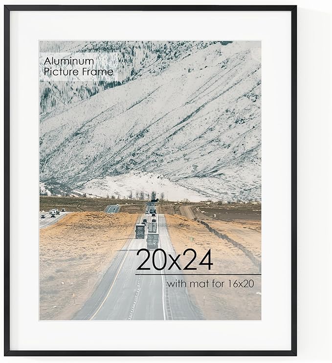 20x24 Metal Picture Frame for Wall With Mat for 16x20, 20''x24'' Aluminum Photo Frames With Tempered Glass for Home Decor, Minimalist Modern Poster Frame Horizontal And Vertical Formats, Black