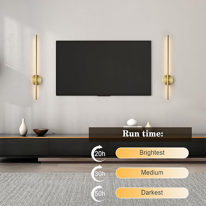 Battery Operated Modern Wall Sconces, Dimmable Wireless Wall Light Set of Two with Remote Control, 3 Color Temperatures, Rechargeable LED Wall Sconce for Bedroom, Living Room, Hallway, 27.6 Inch Brass