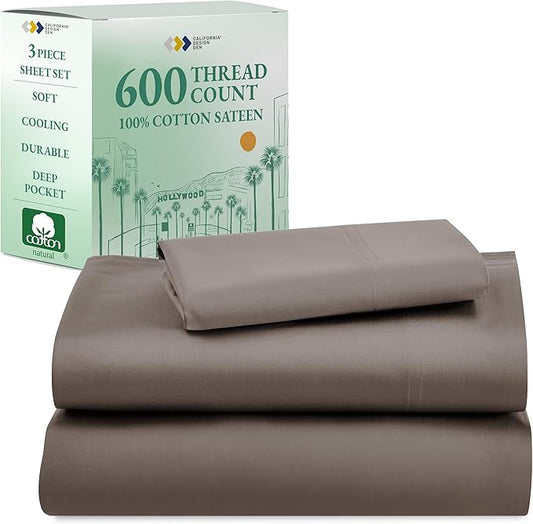 California Design Den Twin Bed Sheets 100% Cotton, 600 Thread Count Sateen, Soft, Cooling Brown Twin Sheet Set, Hotel-Quality Bedding with Deep Pockets (Mushroom Brown)