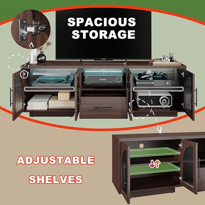 70" TV Stand for 80 Inch TVs, Entertainment Center with LED Lights and Arched Glass Doors, Faux Marble Wood Finish, Adjustable Shelves, Modern TV Cabinet for Living Room, Brown